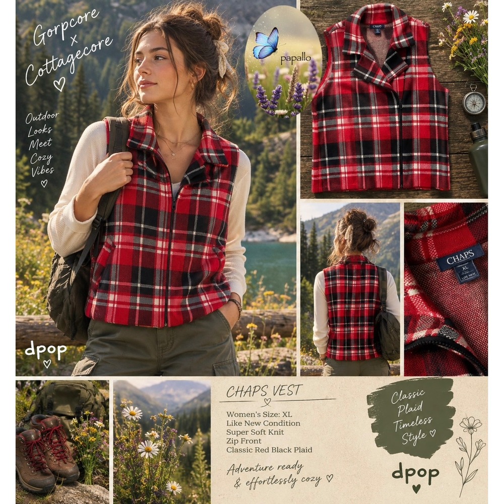 Chaps XL Red Black Plaid Super Soft Zip Knit Moto‎ Vest Sweater